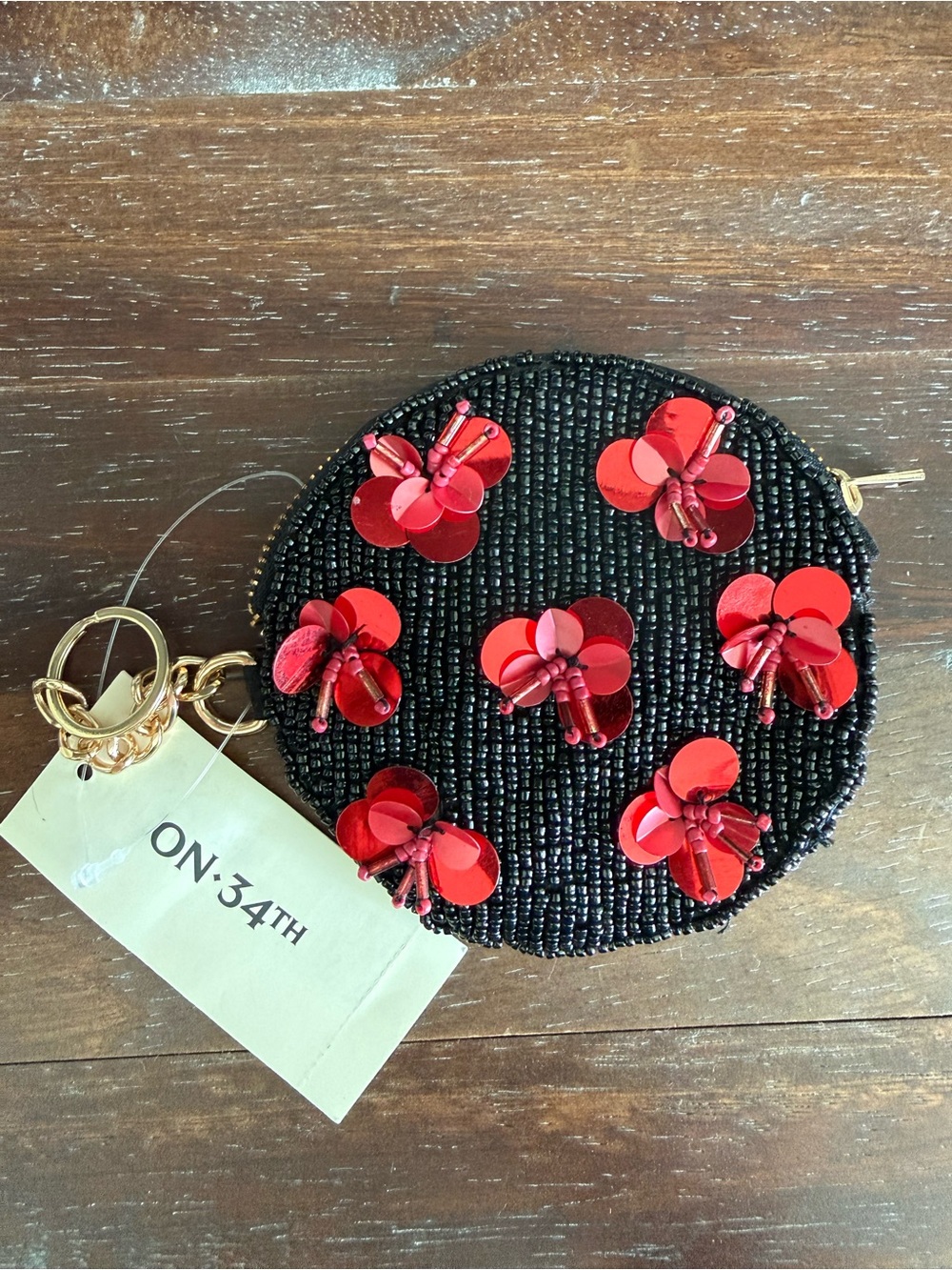 ON 34TH Black Beaded Coin Purse with Red Sequin Floral Accents